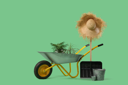 Gardening equipment and wheelbarrow with houseplants on green backgroundの写真素材