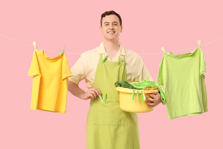 Handsome young man with hanging clean clothes, laundry basket and plastic clothespins on pink backgroundの写真素材
