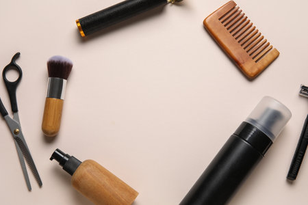 Frame made of male shaving accessories on beige backgroundの写真素材
