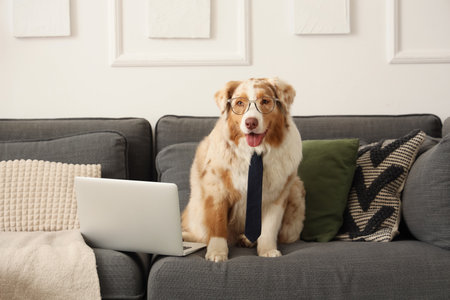 Cute Australian Shepherd dog with necktie and laptop on sofa at homeの写真素材