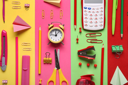 Set of school stationery with alarm clock and paper planes on color backgroundの写真素材
