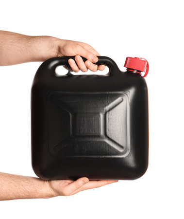Male hands holding canister on white backgroundの写真素材