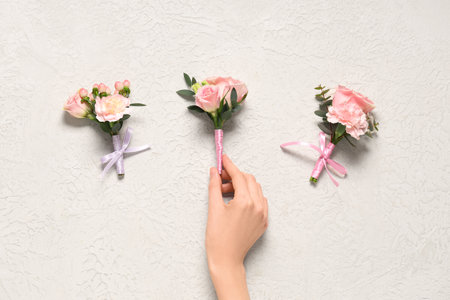 Female hand with beautiful boutonnieres on light background, closeupの写真素材