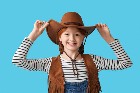 Cute happy teenage girl in cowboy hat on blue backgroundの写真素材