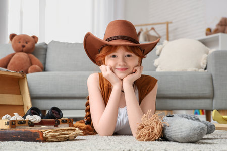 Cute happy girl in hat with suitcase and cowboy equipment lying at homeの写真素材