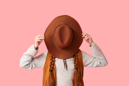 Cute teenage girl with cowboy hat on pink backgroundの写真素材