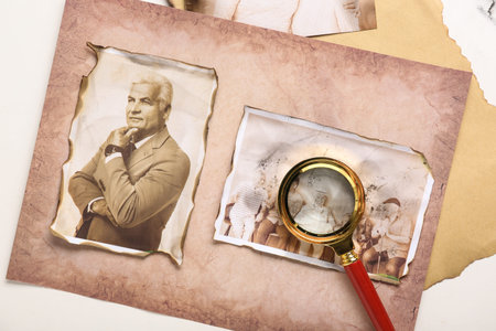Old photos of relatives with magnifier on white background. Concept of family tree