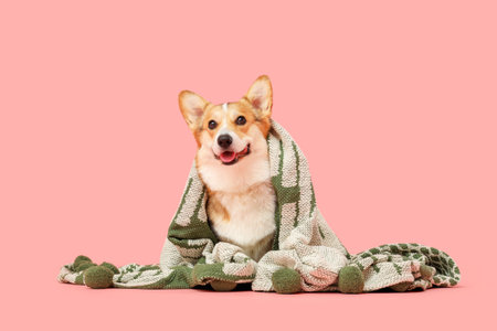 Cute Corgi dog with green plaid on pink backgroundの写真素材