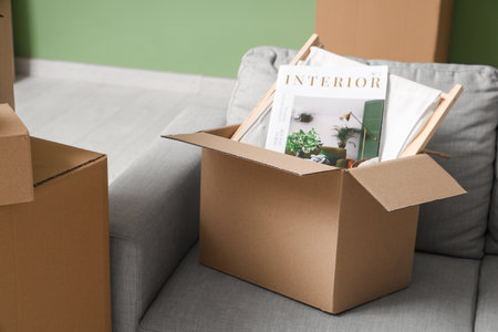 Parcels with magazine on gray sofa near green wall in living roomの写真素材