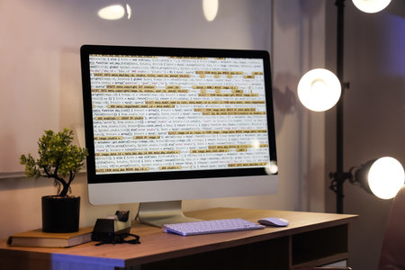 Computer monitor with programming code on desk in office at nightの写真素材
