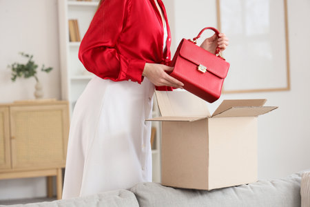 Young fashion blogger unpacking new stylish bag at home, closeupの写真素材