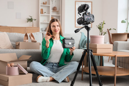 Happy young fashion blogger recording video on camera while unpacking new stylish accessories at homeの写真素材