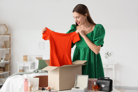 Happy young fashion blogger unpacking new stylish dress at home