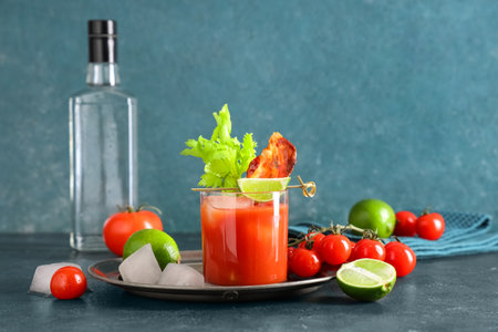 Glass of bloody mary cocktail with bacon, celery and lime on blue backgroundの写真素材