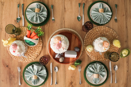 Dining table served for Easter celebration. Top view
