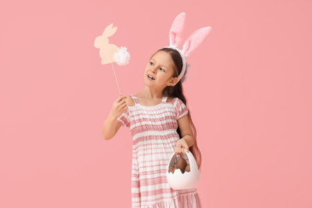 Cute little girl in bunny ears holding basket with sweet chocolate egg and paper rabbit on pink background. Easter celebrationの写真素材