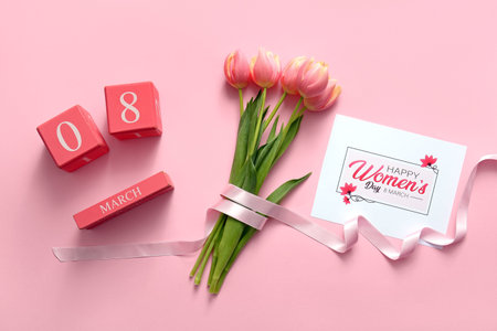 Cube calendar with date 8 MARCH, beautiful tulip flowers and greeting card on pink background....