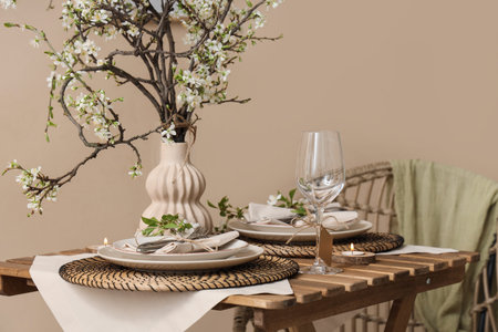 Elegant table setting with plates, burning candle and blooming tree branches