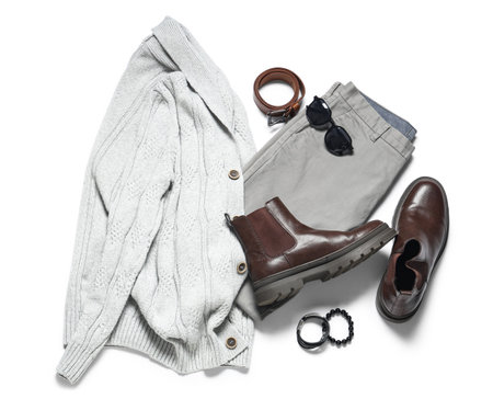 Composition with stylish male clothes, shoes and accessories on white backgroundの写真素材