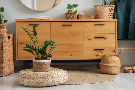 Chest of drawers with wicker baskets and plants in hallwayの写真素材