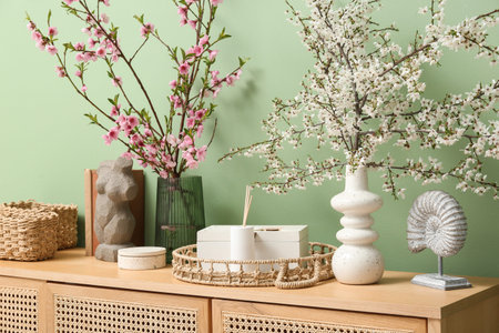 Dresser with vases of blooming branches and decor near green wall in living room