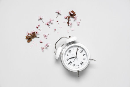 Alarm clock and flowers on gray background. Spring time