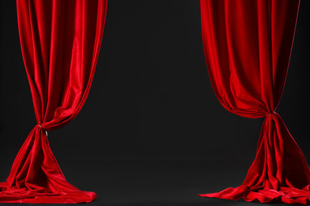 Open red curtains on black backgroundの写真素材