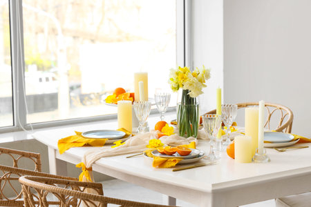 Beautiful table setting with yellow flowers and oranges near window in room