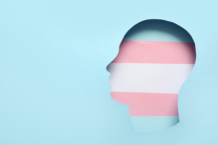 Transgender flag visible through cut blue paper in shape of human head as backgroundの写真素材