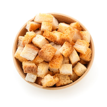Bowl with crunchy croutons isolated on white background, top viewの写真素材