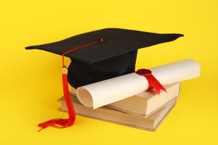 Mortar board with books and diploma on yellow backgroundの写真素材