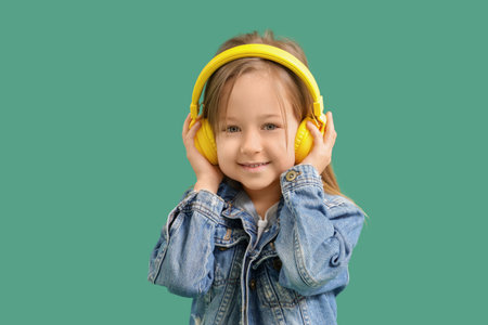Cute little girl in headphones listening to music on green backgroundの写真素材