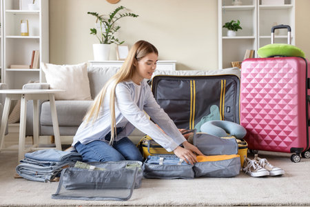 Female tourist with organizers packing suitcase at homeの写真素材