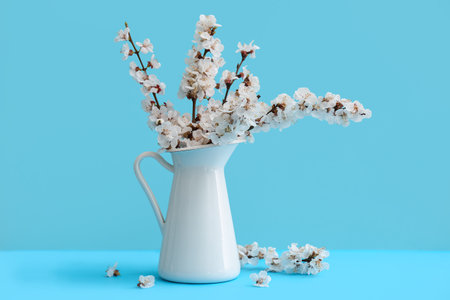Vase with beautiful blooming tree branches on blue backgroundの写真素材
