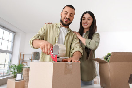 Happy young couple tapping box in room on moving day