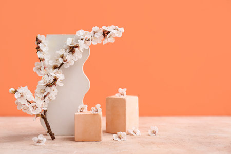 Decorative podiums with beautiful blooming tree branch and flowers on colorful backgroundの写真素材