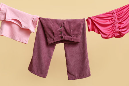 Clean clothes hanging on clothesline against color wallの写真素材