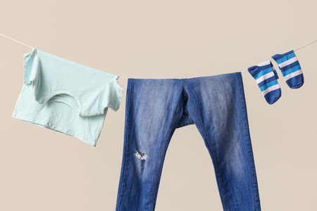 Clean t-shirt, pants and socks hanging on rope against color wall