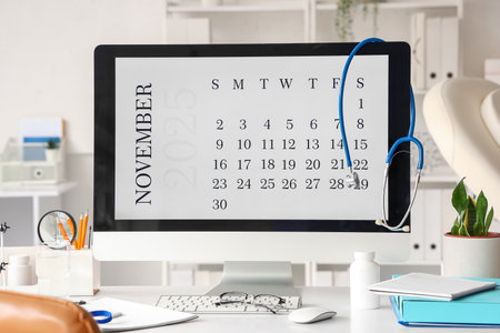 Computer monitor with calendar and doctor's supplies on desk in medical officeの写真素材