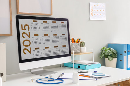 Computer monitor with calendar on doctor's desk in medical officeの写真素材