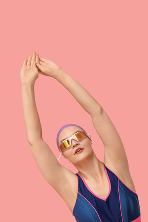 Female swimmer on pink backgroundの写真素材