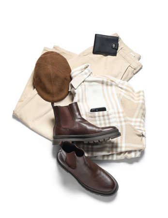 Stylish male clothes, shoes, cap and wallet on white backgroundの写真素材