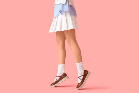 Stylish young woman in spring clothes on pink backgroundの写真素材