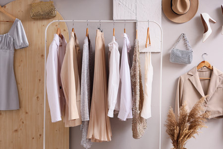 Rack with stylish clothes and accessories on light wallの写真素材