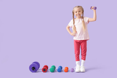 Sporty little girl with different dumbbells on lilac backgroundの写真素材