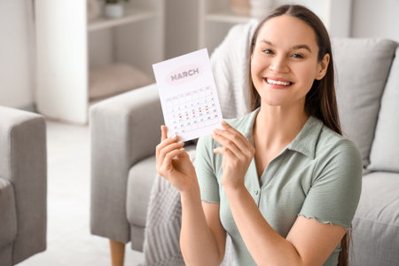 Young woman with menstrual calendar at homeの写真素材