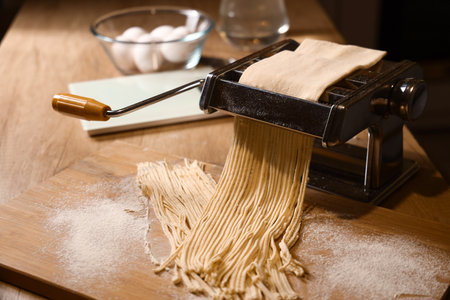 Pasta machine with dough on table in dark kitchen, closeupの写真素材