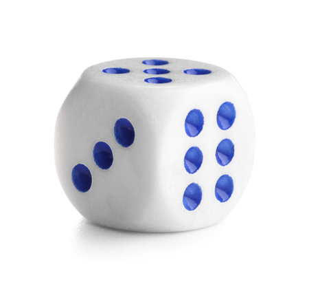 Dice with red and blue pips on white background