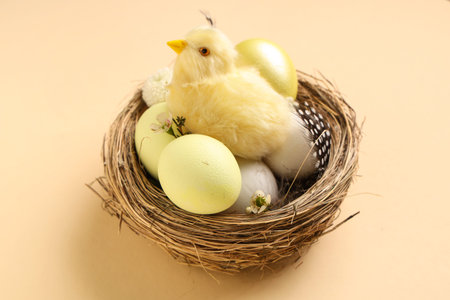 Nest with Easter eggs, baby chicken and beautiful flowers on beige background