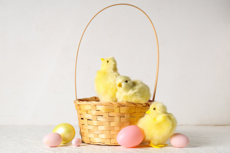 Wicker basket with baby chickens and Easter eggs on white backgroundの写真素材
